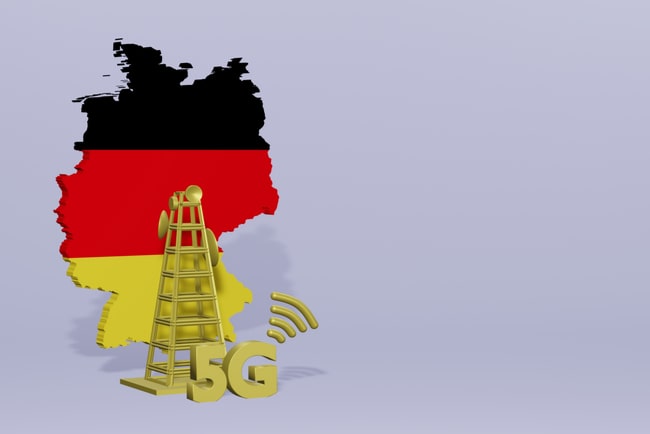 En karta över Tyskland med 5G-mast framför.
