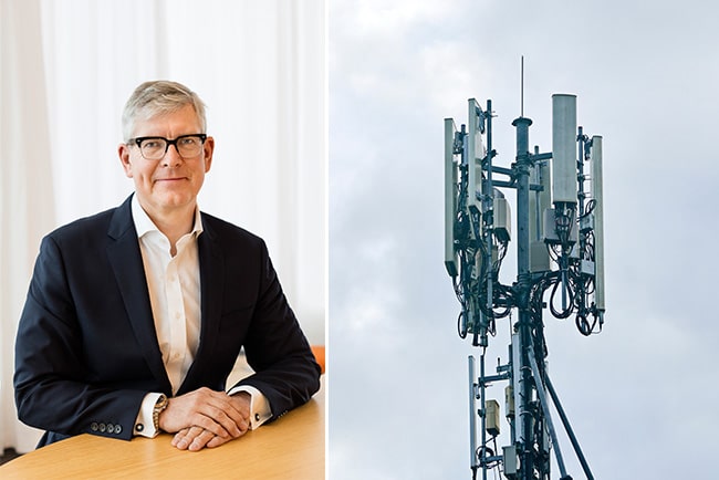 Ericssons vd Börje Ekholm och en mobilmast